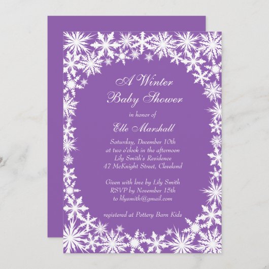 Winter Lace over Paarse uitnodiging tot Baby showe (Voorkant / Achterkant)