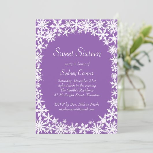 Winter Lace Sweet Sixteen Uitnodiging - paars (Staand voorkant)