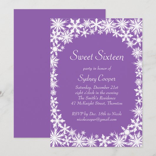 Winter Lace Sweet Sixteen Uitnodiging - paars (Voorkant / Achterkant)