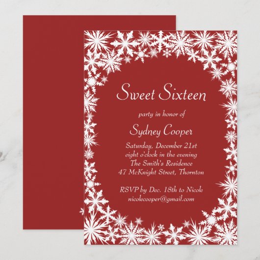 Winter Lace Sweet Sixteen Uitnodiging - rood (Voorkant / Achterkant)