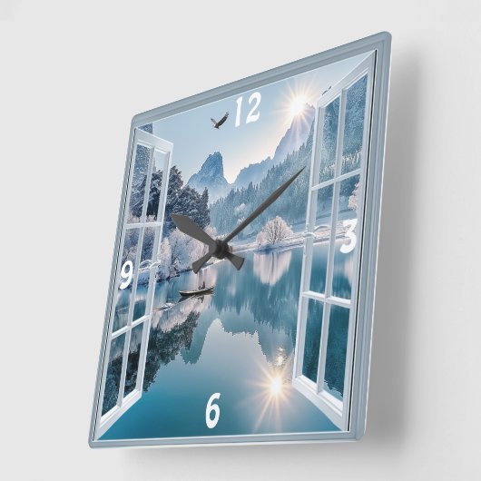 Winter Lake Eagle Fisherman Snowy Mountains Vierkante Klok (Hoek)