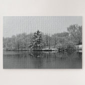 Winter Lake Serene Scene Zwart, Wit Fotografie Legpuzzel (Horizontaal)
