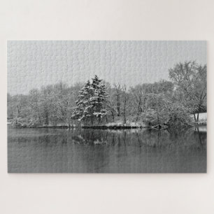 Winter Lake Serene Scene Zwart, Wit Fotografie Legpuzzel