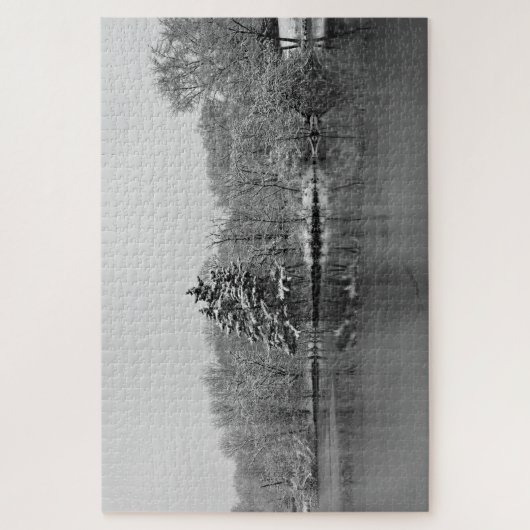 Winter Lake Serene Scene Zwart, Wit Fotografie Legpuzzel (Verticaal)