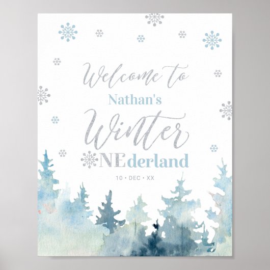 Winter Land Boy 1st Birthday Welcome Sign. Poster (Voorkant)