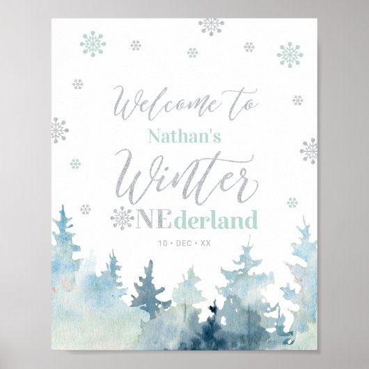 Winter Land Boy 1st Birthday Welcome Sign. Poster (Voorkant)