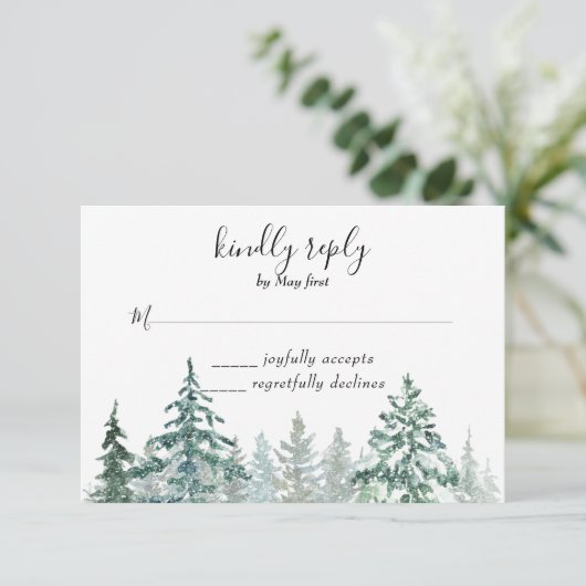 Winter Landelijke Dennenbomen Lantaarn Botanische  RSVP Kaartje (Staand voorkant)
