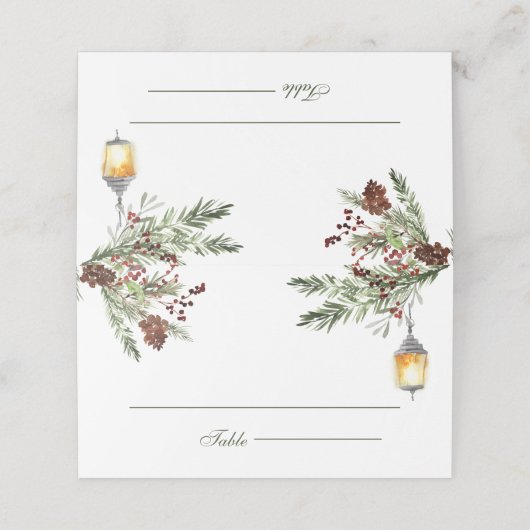 Winter Landelijke Dennenbomen Lantaarn Bruiloft Plaatskaartje (Buitenkant ongevouwen)