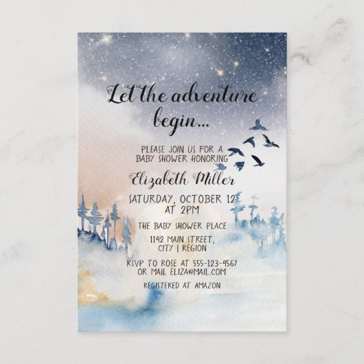 Winter Landscape Adventure begint Baby shower Informatiekaartje (Voorkant)