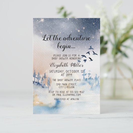 Winter Landscape Adventure begint Baby shower Informatiekaartje (Staand voorkant)