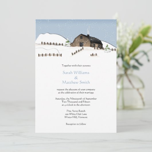 Winter Landscape Barn Wedding Invitations Kaart (Staand voorkant)