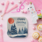 Winter Landscape Forest Moon Navy Blue Drawing  Papieren Bordje (Feest)