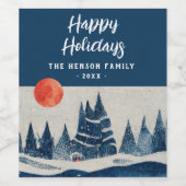 Winter Landscape Forest Moon Navy Blue Drawing Wijn Etiket (Enkel label)