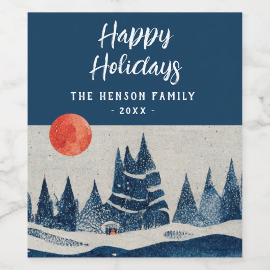 Winter Landscape Forest Moon Navy Blue Drawing  Wijn Etiket (Enkel label)