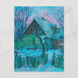 Winter Landscape Old Cottage House Pastel Painting Briefkaart