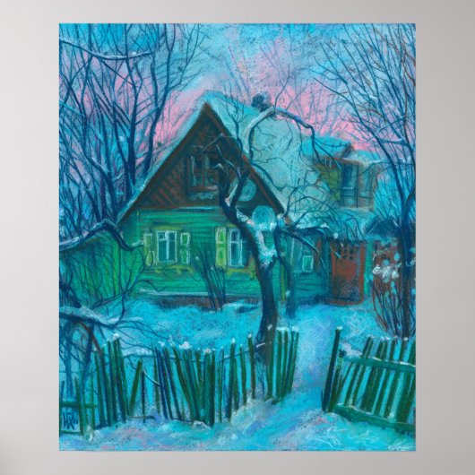 Winter Landscape Old Cottage House Pastel Painting Poster (Voorkant)