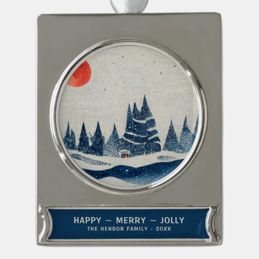Winter Landscape Snowy Forest Moon Blue Tekening Verzilverd Banner Ornament (Voorkant)