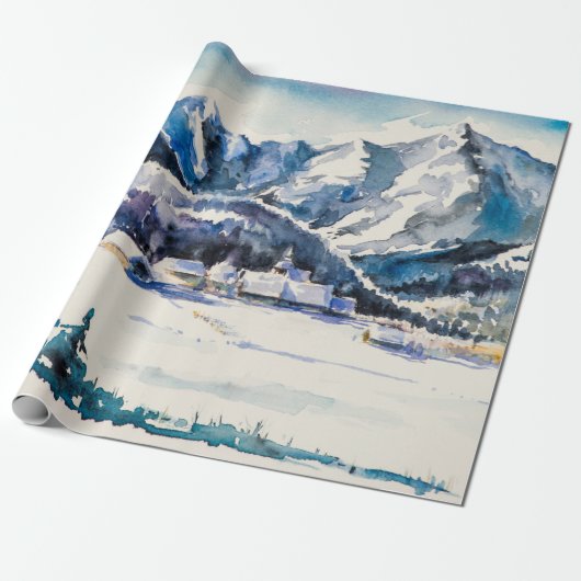 Winter landscape with mountain village covered wit cadeaupapier (Uitgerold)