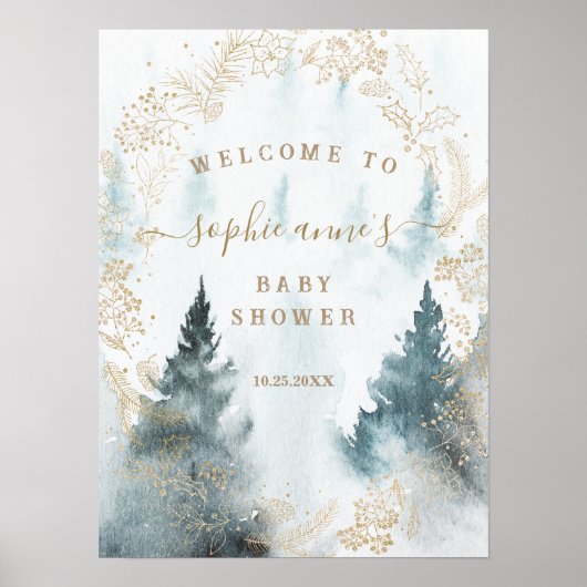 Winter Landschap Goud Baby Shower Welkom Bord Poster (Voorkant)