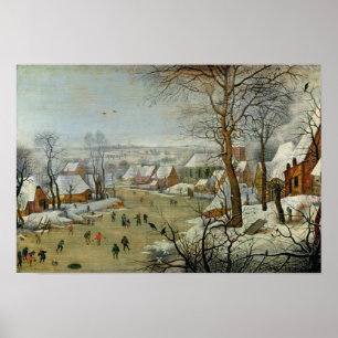 Winter Landschap met Skaters en een vogeltrap Poster