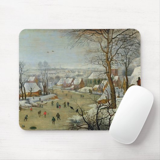 Winter Landschap met Skaters en een vogelval Muismat (Met muis)