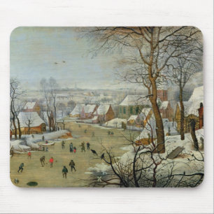 Winter Landschap met Skaters en een vogelval Muismat