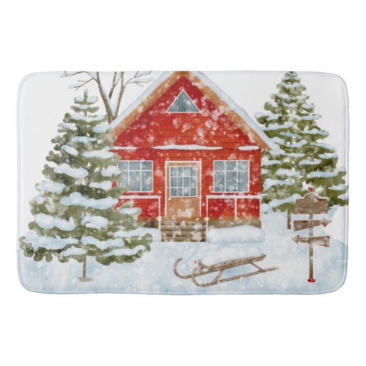 Winter Landschap Red House Badmat (Voorkant)