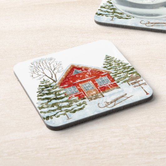 Winter Landschap Red House Bier Onderzetter (Linkerzijde)