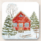 Winter Landschap Red House Bier Onderzetter (Voorkant)