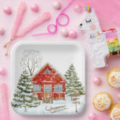 Winter Landschap Red House Papieren Bordje (Feest)