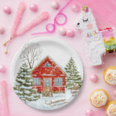 Winter Landschap Red House Papieren Bordje (Feest)