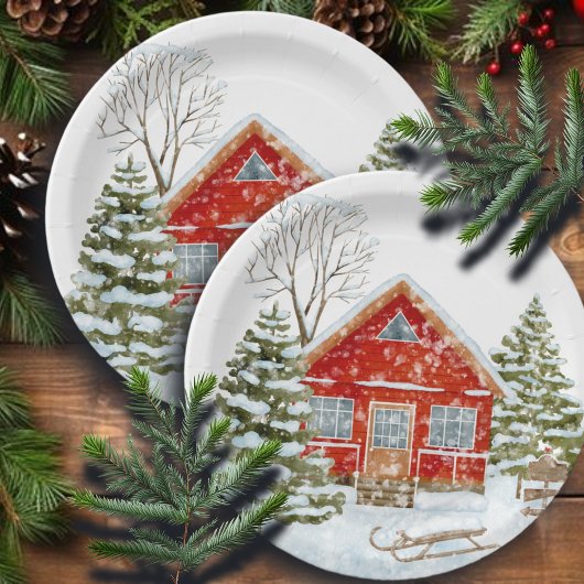 Winter Landschap Red House Papieren Bordje