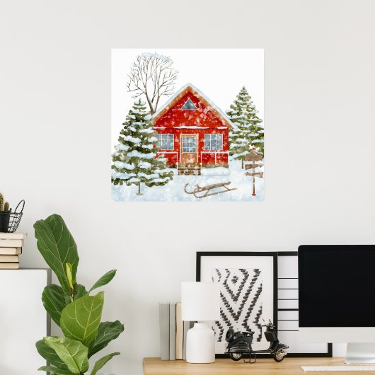 Winter Landschap Red House Poster (Thuiskantoor)