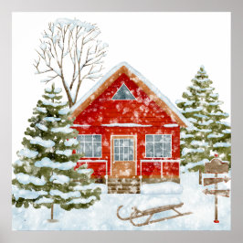 Winter Landschap Red House Poster