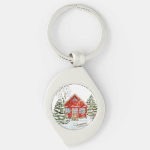 Winter Landschap Red House Sleutelhanger