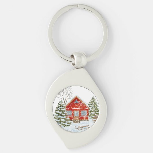 Winter Landschap Red House Sleutelhanger (Voorkant)