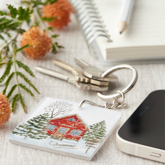 Winter Landschap Red House Sleutelhanger (Voorkant Rechts)