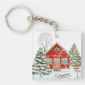 Winter Landschap Red House Sleutelhanger (voorkant)