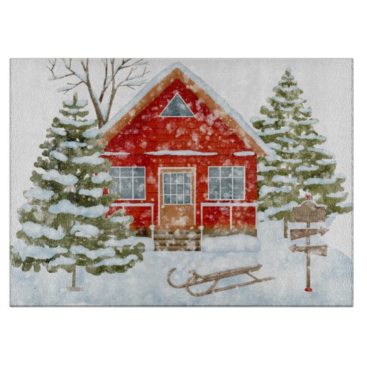 Winter Landschap Red House Snijplank (Voorkant)