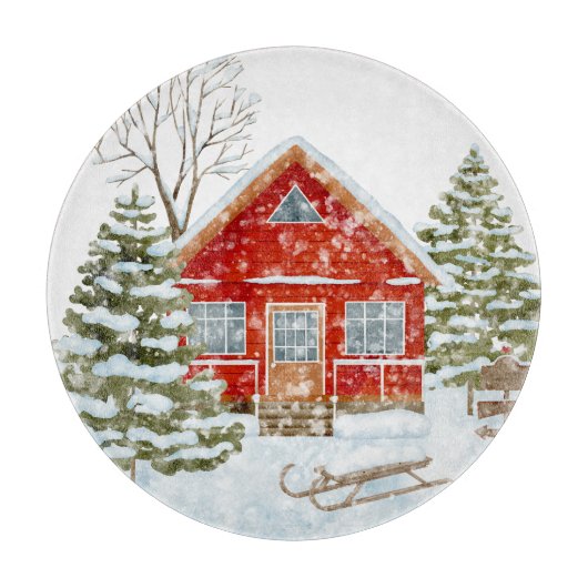 Winter Landschap Red House Snijplank (Voorkant)