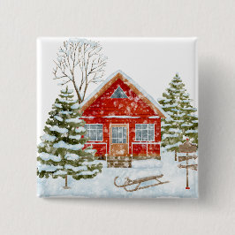 Winter Landschap Red House Vierkante Button 5,1 Cm