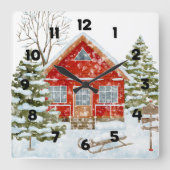 Winter Landschap Red House Vierkante Klok (Voorkant)
