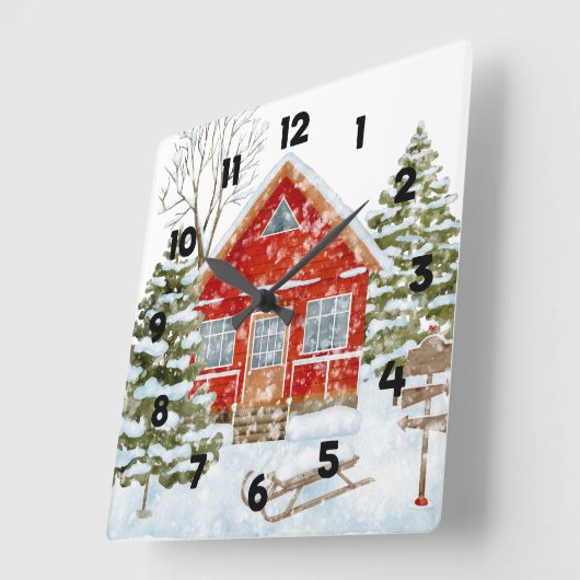 Winter Landschap Red House Vierkante Klok (Hoek)