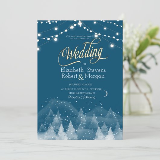 Winter Landschap Sneeuw String Lights Bruiloft Kaart (Staand voorkant)