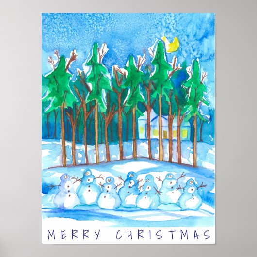 Winter Landschap Snowman Merry Kerstmis Poster (Voorkant)
