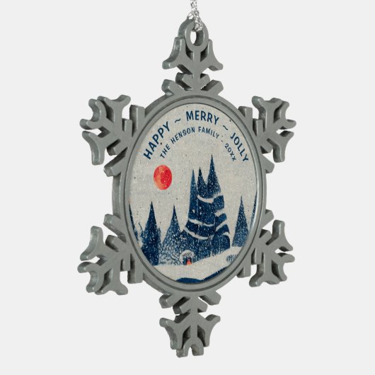 Winter Landschap Snowy Forest Moon Familie Tin Sneeuwvlok Ornament (Links)