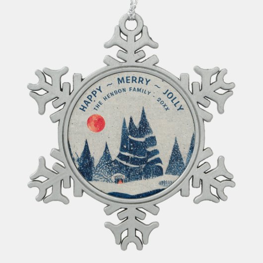 Winter Landschap Snowy Forest Moon Familie Tin Sneeuwvlok Ornament (Voorkant)