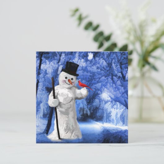 Winter Lane Snowman met rood kardinaal schilderen Feestdagenkaart (Staand voorkant)