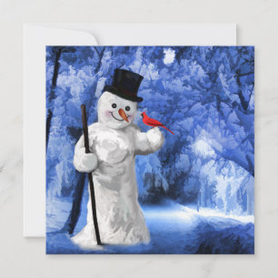 Winter Lane Snowman met rood kardinaal schilderen Feestdagenkaart
