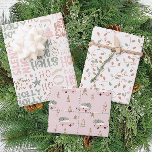 Winter Leuk Roze Groene Pastel Holly Jolly Kerstmi Inpakpapier Vel